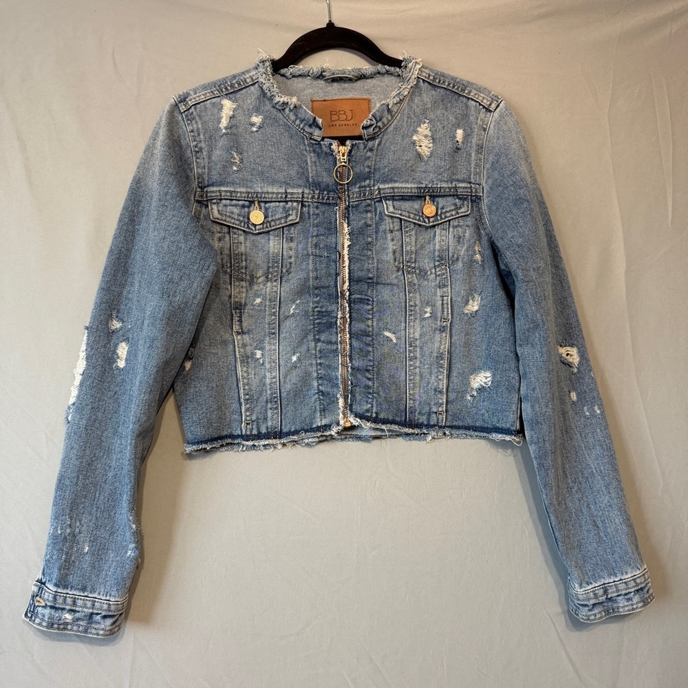 BBJ Los Angeles Womens Distressed Cropped Denim Jacket Medium Zip Up Biker Edgy